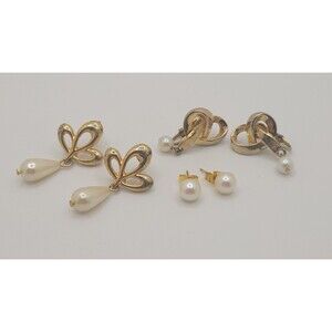 Vintage Gold Tone Faux Pearl Earring Lot 3 Pairs Stud Clip On Teardrop Drop